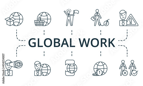 Global Work icon set. Collection contain pack of pixel perfect creative icons. Global Work elements set.