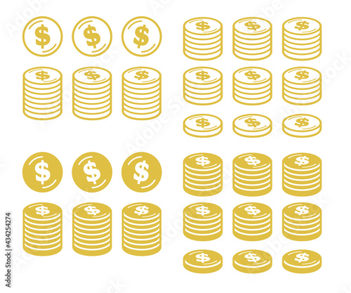 ドルマークの入ったコインのアイコンセット　金