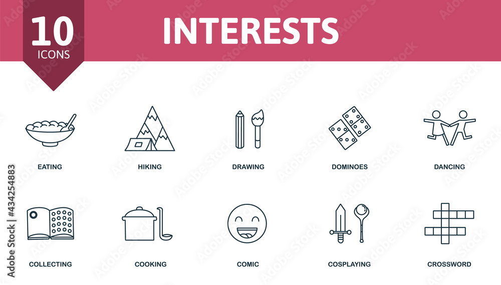 Obraz premium Interests icon set. Contains editable icons activity and hobbies theme such as eating, drawing, dancing and more.