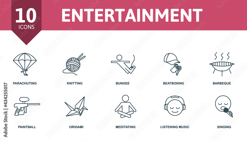 Entertainment icon set. Contains editable icons activity and hobbies theme such as parachuting, origami, listening music and more.