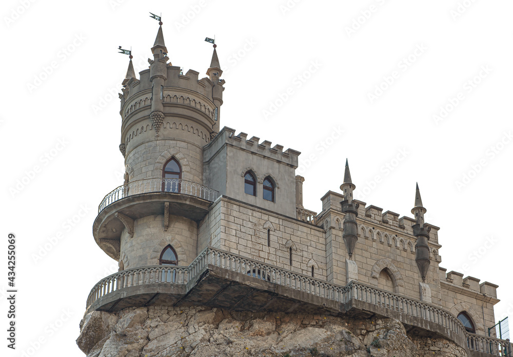 Castle Swallow's Nest on the cliff. The old castle is isolated on a white background