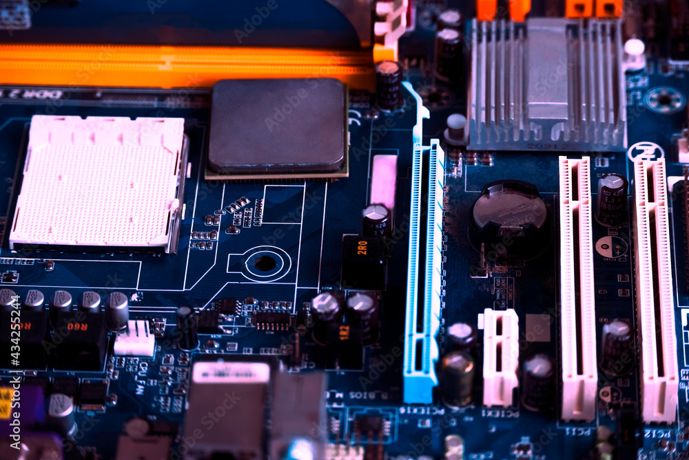 Fototapeta premium Motherboard chip close-up. Background with digital technology.