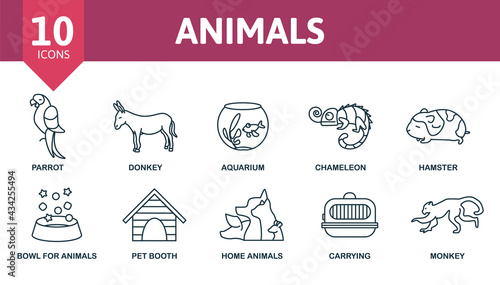 Animals icon set. Contains editable icons domectic animals theme such as donkey, parrot, chameleon and more.