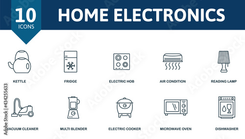 Home Electronics icon set. Contains editable icons household theme such as kettle, electric hob, reading lamp and more.