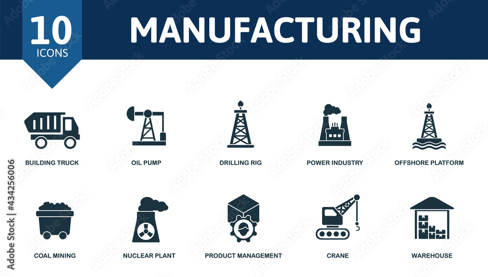 Manufacturing icon set. Contains editable icons industrial theme such as building truck, drilling rig, offshore platform and more.