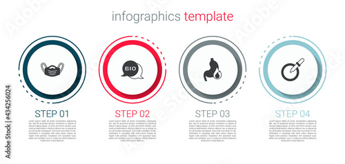 Set Medical protective mask, Bio healthy food, Stomach heartburn and Petri dish with pipette. Business infographic template. Vector