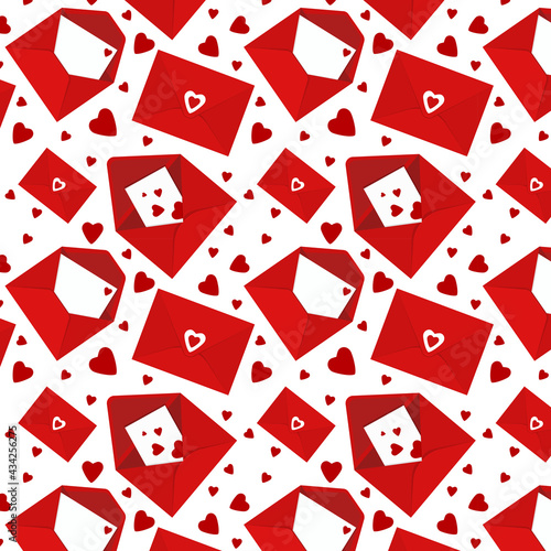 vector pattern on the theme of love. Illustration with red envelopes and letters with hearts in them
