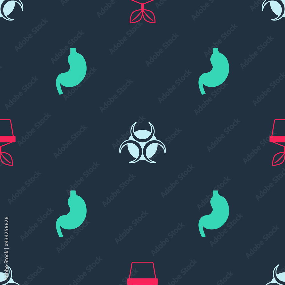 Fototapeta premium Set Plant in pot, Biohazard symbol and Human stomach on seamless pattern. Vector