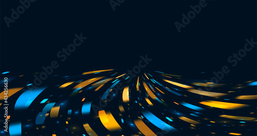 Blue and yellow flares of light forming abstract composition of blured particles moving on high speed