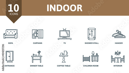 Indoor icon set. Contains editable icons interior theme such as sofa, tv, hanger and more.