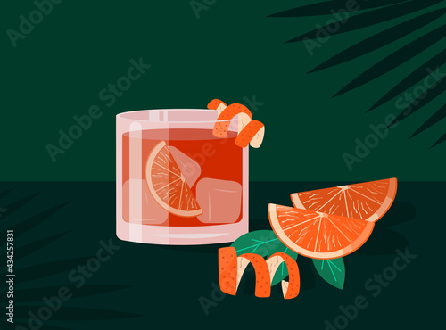 Negroni Cocktail in old fashioned glass with ice. Aperol Campari Alcoholic Beverage with citrus peel, orange slice on green background with palm leaf shadow. Summer Italian aperitif. Vector.