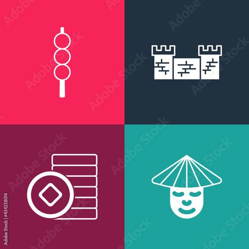 Set pop art Chinese man, Yuan currency, Great wall of China and Meatballs on wooden stick icon. Vector