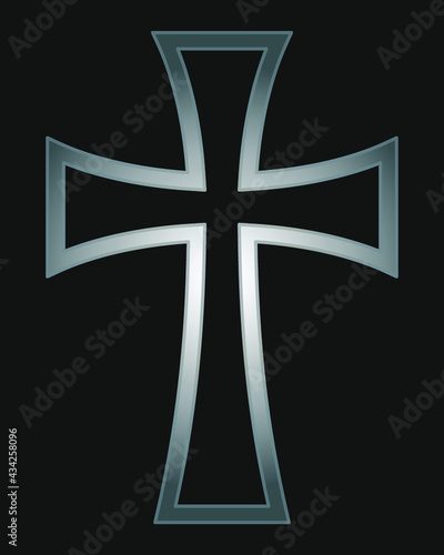 Cross vector shape symbol. Christianity sign. Christian religion icon. Metal silver color. Catholic and protestant faith logo or image. Teutonic crusader label. Gothic crusade iron crucifix.