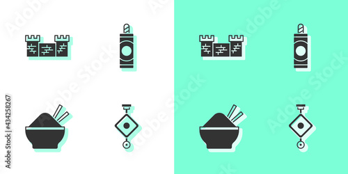 Set Chinese paper lantern, Great wall of China, Rice bowl with chopstick and Firework icon. Vector