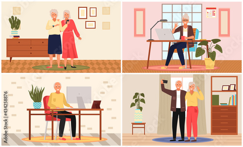 Old people play video game. Modern senior people gadgets. Oldster education computer. Old progressive use modern technology. Learning to use PC. Elderly couple gadgets. Aging parents video conference