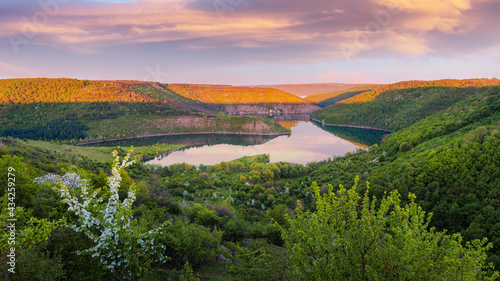 Sunset landscape in the national nature park Podilski Tovtry  canyon and Studenytsia river is tributary of Dnister river  view from above