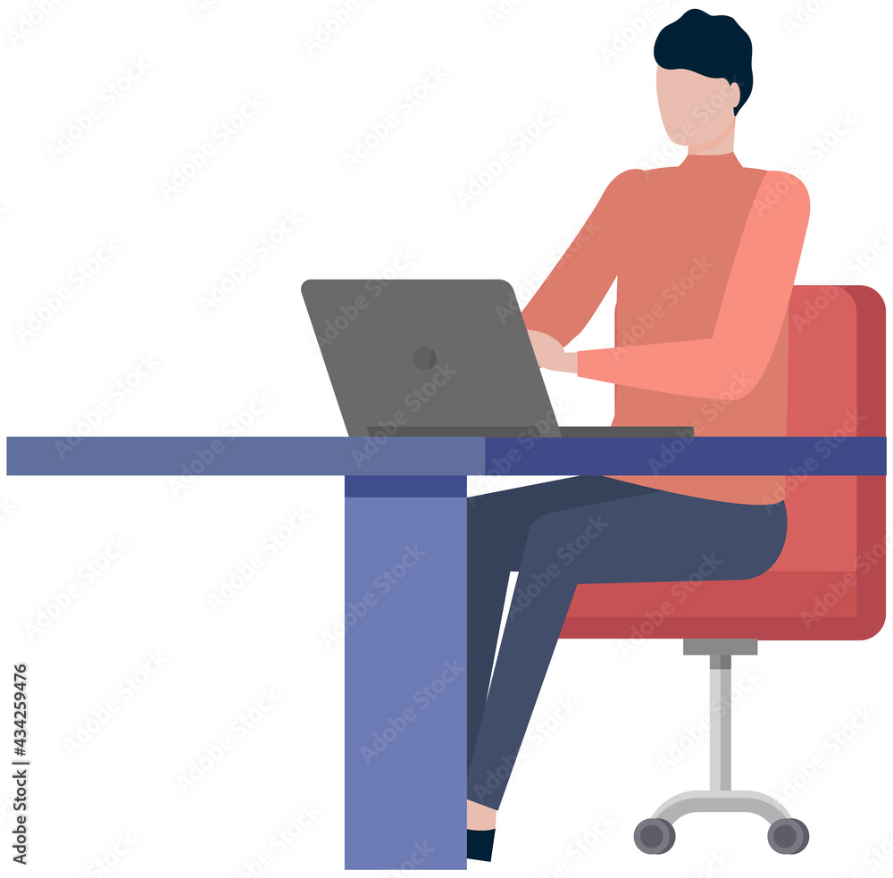 Office worker male character at table with laptop. Businessman or clerk working at his office workplace flat style illustration. Young man enterpreneur performs work on computer isolated on white Office worker male character at table with laptop. Businessman or clerk working at his office workplace flat style illustration. Young man enterpreneur performs work on computer isolated on white
