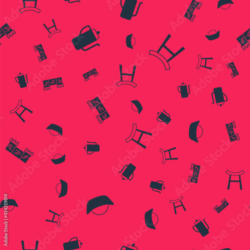Set Sushi, Chinese tea ceremony, Great wall of China and Japan Gate on seamless pattern. Vector