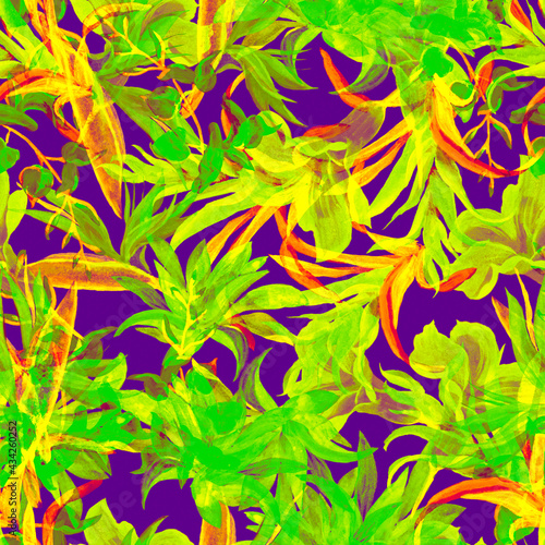 White Flower Garden. Blue Summer Illustration. Neon Seamless Painting. Watercolor Background. Pattern Leaf. Floral Print.Exotic Plant.Botanical Decor. © Nima