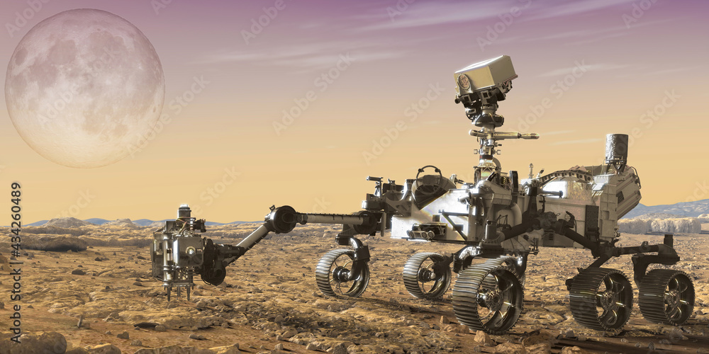 Mars rover with a beautiful planet in the background, exploration of mars. Elements of this image furnished by NASA