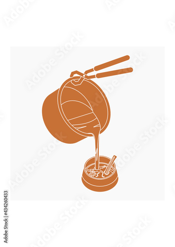 Editable Three-Quarter Top View Vector Illustration of Pouring Masala Chai from Pan into Pottery Cup in Monochrome Style for Artwork Element of Beverages With South Asian Culture and Tradition Design © faqeeh