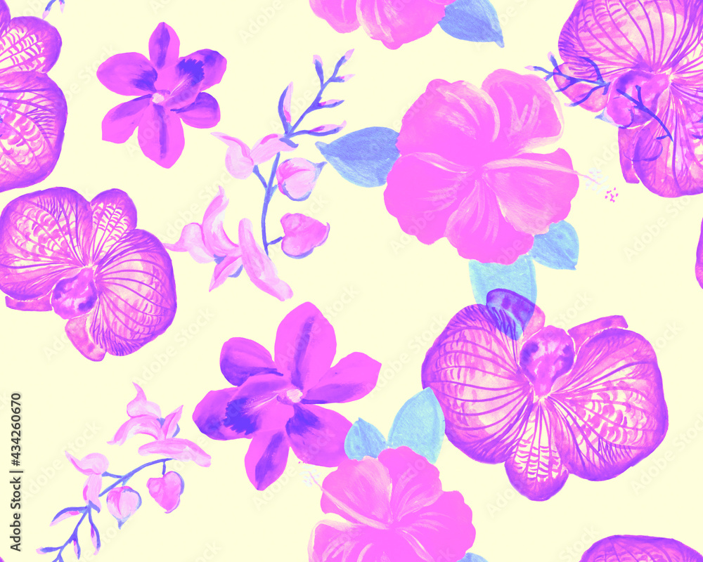 Pink Botanical Foliage. Purple Orchid Texture. Coral Hibiscus Garden. Flower Background. Watercolor Backdrop. Seamless Leaf. Pattern Foliage. Art Foliage.