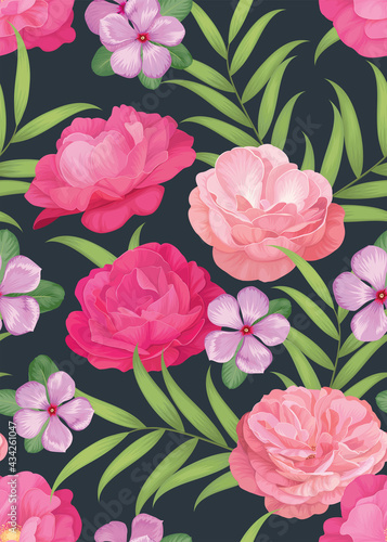 Seamless pattern of Rose and Vinca flower background template. Vector floral element set for wedding invitations, greeting card, brochure, banners and fashion design.