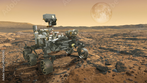 Mars rover explores the surface of Mars against the background of an orange planet. 3d illustration Elements of this image furnished by NASA