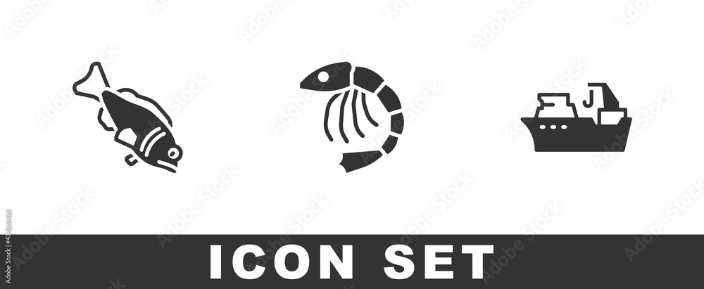 Set Fish, Shrimp and Fishing boat icon. Vector