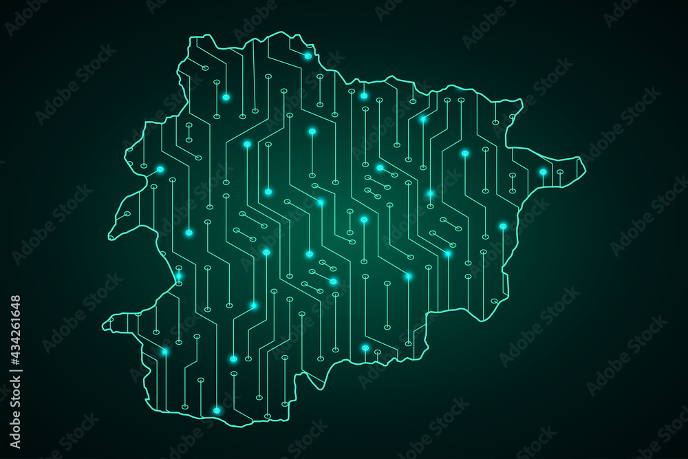 Map of Andorra, network line, design sphere, dot and structure on dark background with Map Andorra, Circuit board. Vector illustration. Eps 10 Map of Andorra, network line, design sphere, dot and structure on dark background with Map Andorra, Circuit board. Vector illustration. Eps 10