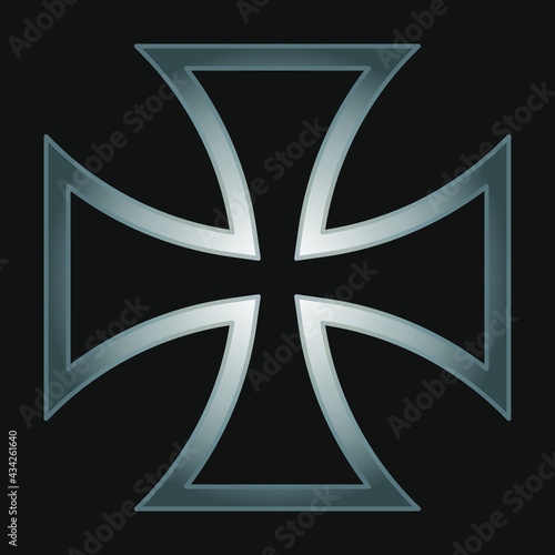 Maltese cross vector shape symbol. Christianity sign. Christian religion icon. Metal silver color. Catholic and protestant faith logo or image. Teutonic crusader label. Gothic crusade iron crucifix.