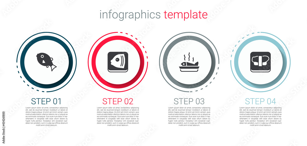 Fototapeta premium Set Tropical fish, Fish head, Served on plate and Sushi cutting board. Business infographic template. Vector