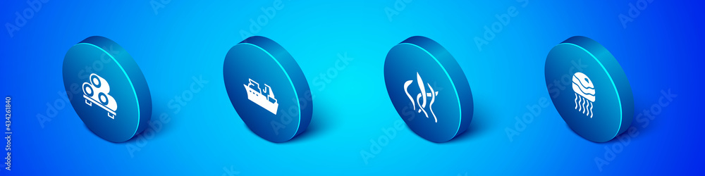 Set Isometric Sushi on cutting board, Seaweed, Jellyfish and Fishing boat icon. Vector Set Isometric Sushi on cutting board, Seaweed, Jellyfish and Fishing boat icon. Vector