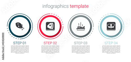 Set Tropical fish, Fish head, Served on plate and Sushi cutting board. Business infographic template. Vector
