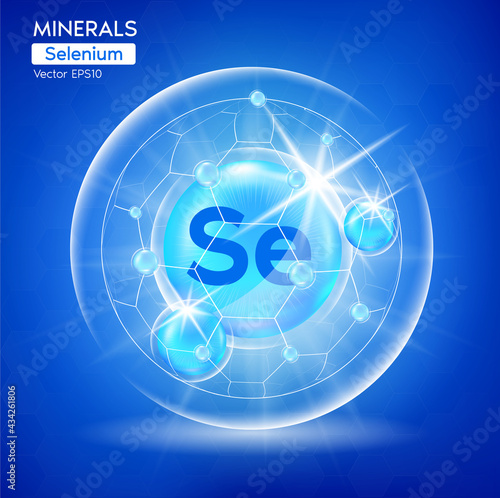 Minerals Selenium for health. Pharmaceutical banner template Capsule with minerals blue. Scientific research medical and dietary supplement health care concept. 3D Vector EPS10