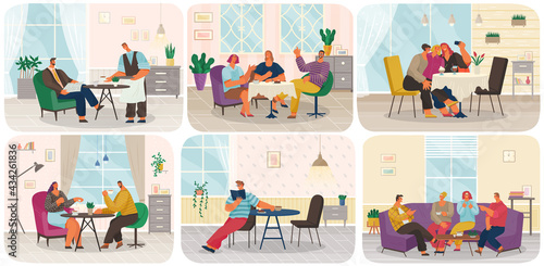 People communicating and eating together at home or in restaurant, family dinner scenes set. Cheerful company of people in kitchen at home having fun, talking. Good friends resting after work