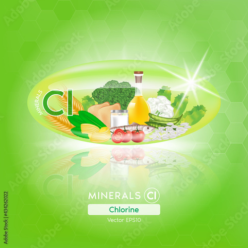 Green chlorine mineral capsules. Benefits Healthy food of vitamins with mineral fish and vegetables. Medical and dietary supplement care concept. 3D Vector EPS10 illustration