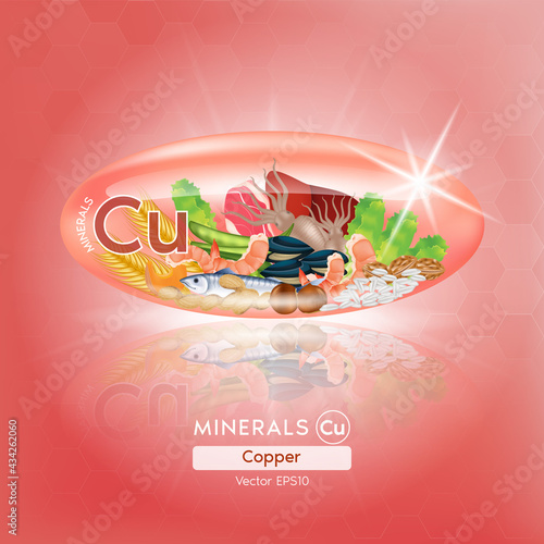 Red copoer mineral capsules. Benefits Healthy food of vitamins with mineral seafood, meat, nuts and vegetables. Medical and dietary supplement care concept. 3D Vector EPS10 illustration photo