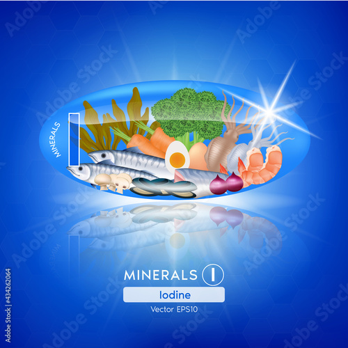 Blue Iodine mineral capsules. Benefits Healthy food of vitamins with mineral seafood and vegetables. Medical and dietary supplement care concept. 3D Vector EPS10 illustration