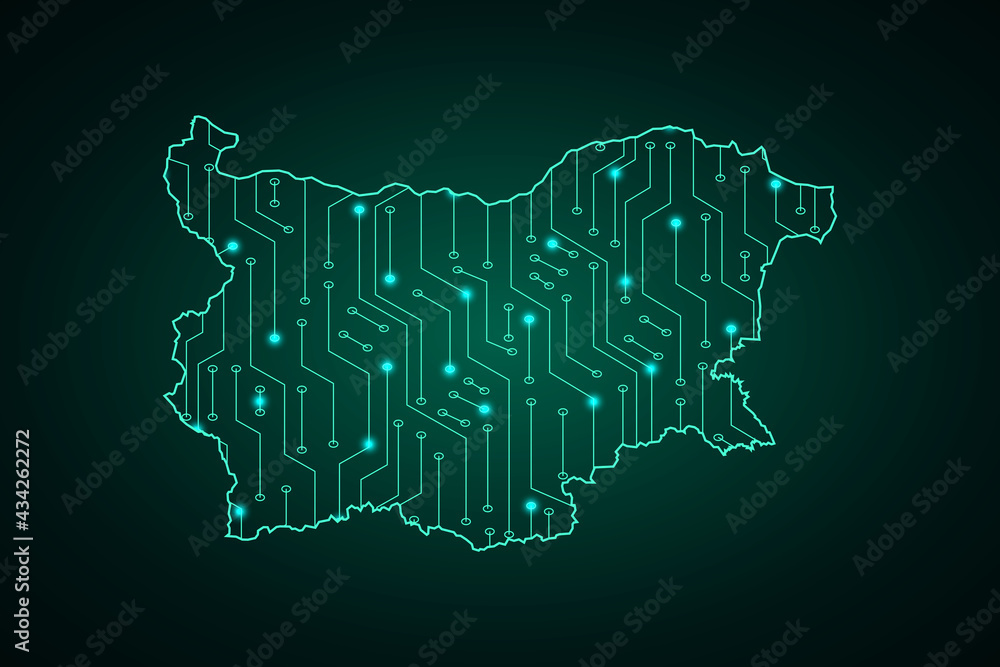 Map of Bulgaria, network line, design sphere, dot and structure on dark background with Map Bulgaria, Circuit board. Vector illustration. Eps 10