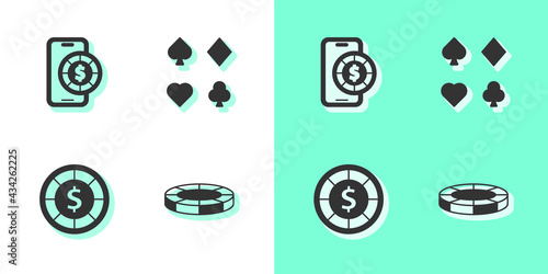 Set Casino chips, Online poker table game, and Deck of playing cards icon. Vector