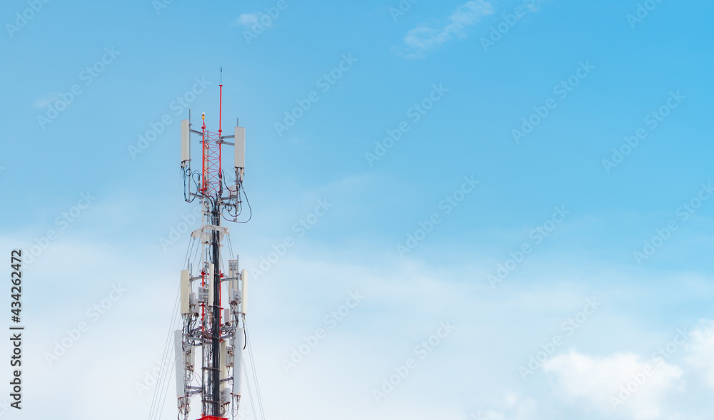 Telecommunication tower. Antenna on blue sky. Radio and satellite pole. Communication technology. Telecommunication industry. Mobile or telecom 5g network. Network connection business background. Telecommunication tower. Antenna on blue sky. Radio and satellite pole. Communication technology. Telecommunication industry. Mobile or telecom 5g network. Network connection business background.