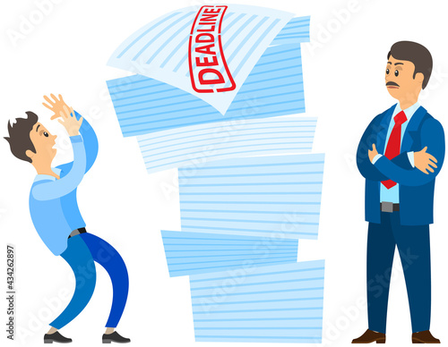 Man doing paperwork to finish task. Boss urges employee to complete assignment defore deadline. Angry director with subordinate work to deal with deadline. Guy works with huge stack of documents
