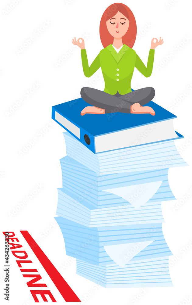 Woman doing yoga at workplace in office. Worker sitting in lotus pose on stack of folders, meditating, relaxing, Female employee meditating at workplace to manage stress and deal with deadlines Woman doing yoga at workplace in office. Worker sitting in lotus pose on stack of folders, meditating, relaxing, Female employee meditating at workplace to manage stress and deal with deadlines