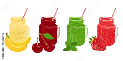 Set of glass jars with banana, strawberry, mint, cherry fruit smoothies with straws on a white background. Fruit berry cocktails and juices in transparent glasses with a handle. Flat design.