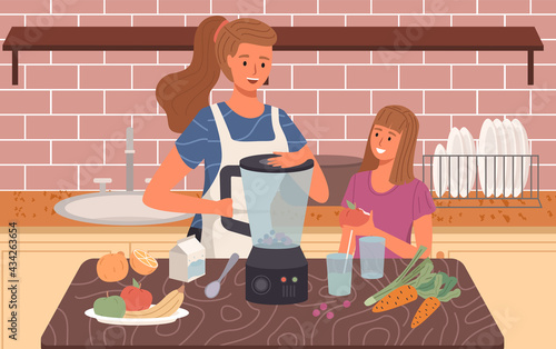 Mother and child are cooking smoothie or juice in blender. Proper healthy nutrition and vegetarianism concept. Process of cooking vegetarian meal. Female characters mix fruits for drink in kitchen