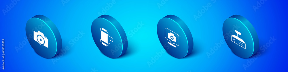 Set Isometric Photo camera, , Softbox light and Camera roll cartridge icon. Vector Set Isometric Photo camera, , Softbox light and Camera roll cartridge icon. Vector