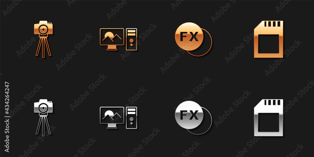 Set Photo camera, retouching, fx and SD card icon. Vector Set Photo camera, retouching, fx and SD card icon. Vector