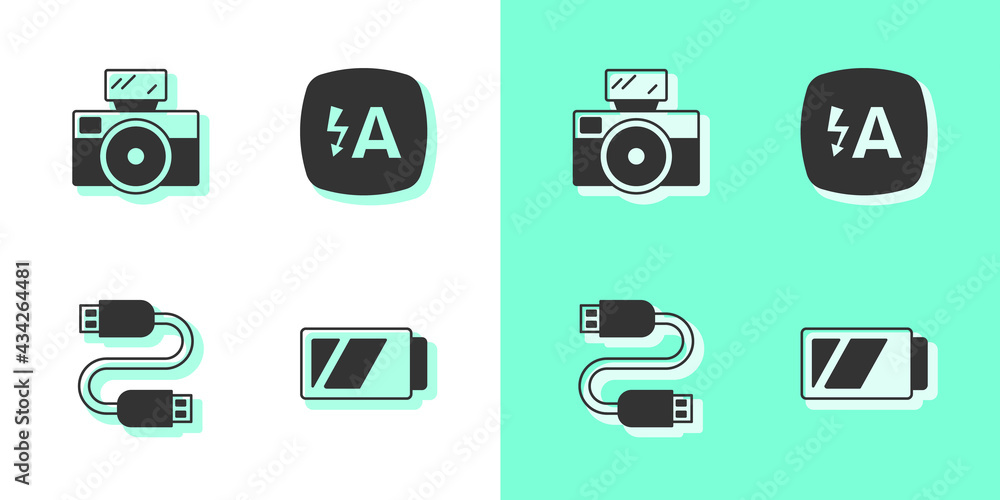 Set Battery for camera, Photo with flash, USB cable cord and Auto icon. Vector Set Battery for camera, Photo with flash, USB cable cord and Auto icon. Vector