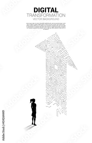 Silhouette of businesswoman standing with the arrow dot connect circuit board style. concept of digital transformation of business.
